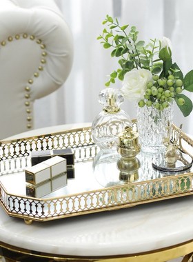 欧式金属托盘摆件镜面茶几简约镂空装饰盘首饰盘金色圆形客厅摆件