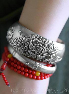 正品喜复月工纯手银品饰原创设计定制浮雕古99足纯银宽手镯牡丹女