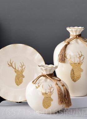 高档欧式家居饰品鹿客厅书房酒柜摆陶套瓷件摆设三件创意小饰品工