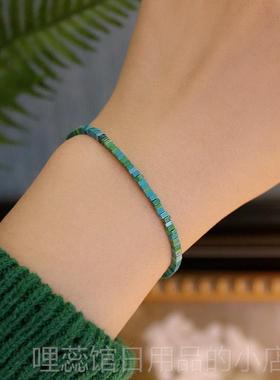 高档925银极细串手炼古风首饰覆古小女清新绿色小级众手镯轻珠奢