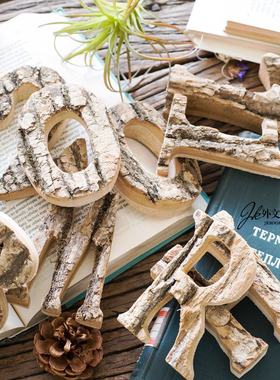 JK慕空间 天然树皮原木装饰英文字母数字 复古木质墙贴拍摄道具