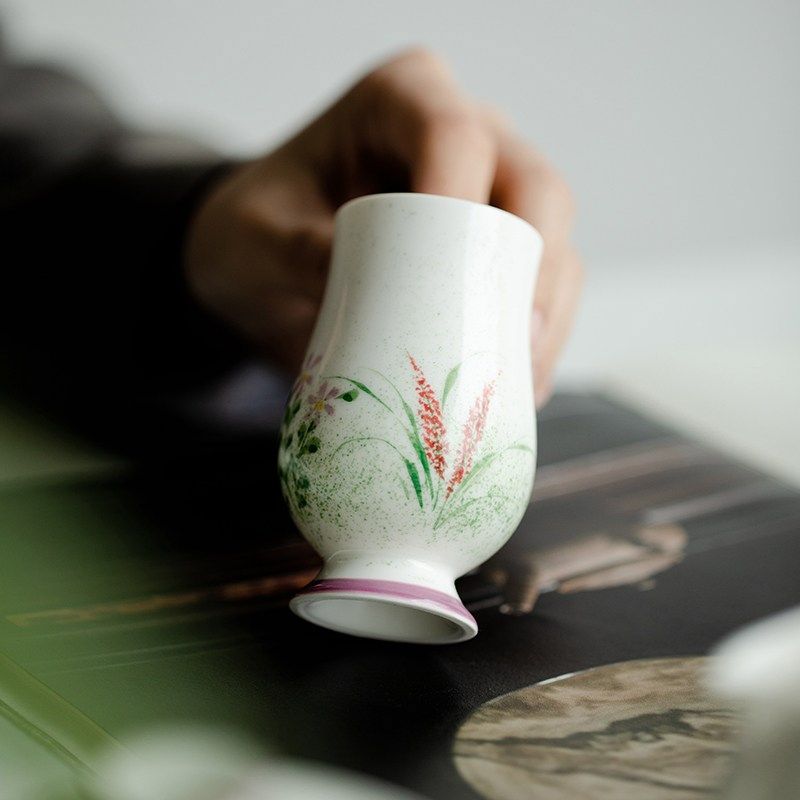 观策器隐纯手绘芦苇洒绿大度高足杯茶杯功夫品茗杯陶瓷闻香主人杯,淘宝优惠券,粉丝福利购,淘宝优惠卷