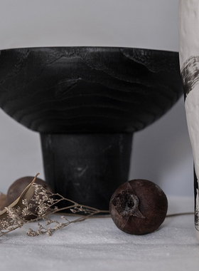 后弄侘寂风复古黑色碳化木托盘花器果盘酒店民宿桌面摆件软装饰品