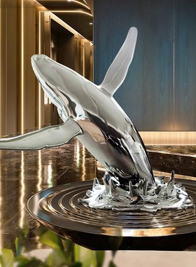 创意鲸鱼落地景观摆件玻璃钢海豚雕塑售楼处酒店大堂电镀艺术装置