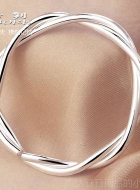 高档烙刻简约手工银饰绞丝复古麻999手镯女个时尚性开口花纯银镯