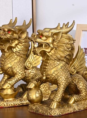 护宅麒麟铜麒麟摆件公母一对全黄铜制化解白虎抬头吉祥物家用玄关