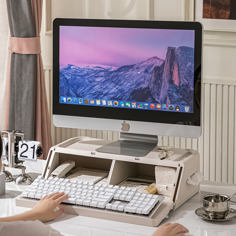 电脑显示器增高架带抽纸分格设计可调节键盘位桌面办公杂物收纳架 - 图0