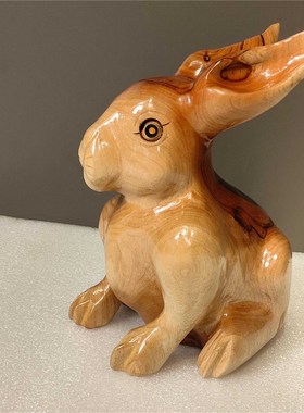 香樟木雕兔子摆件实木质动物雕刻生肖兔家居客厅装饰品红木工艺品