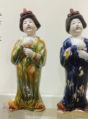 唐三彩高水旺小胖妞仕女纯手工陶瓷艺术礼品中式客厅桌面装饰摆件