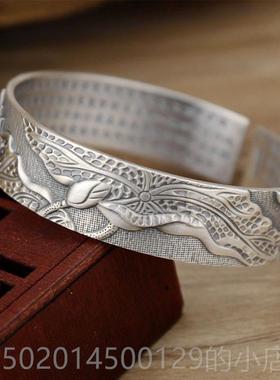 高档镯莲花经纯银制手999足银男女款开口复古宽版个性银镯心子银