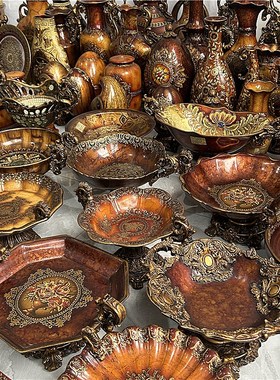 孤品-欧式复古陶瓷手绘花瓶果盘宫廷风餐厅客厅茶几桌面装饰摆件