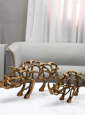 现代极简抽象金属镂空犀牛动物艺术摆件客厅玄关酒店软装家居饰品