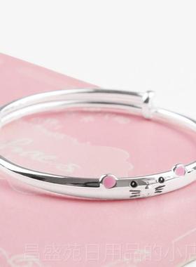 高档足银999卡可爱小老鼠手镯生肖鼠本命年儿宝童宝纯银镯通子新