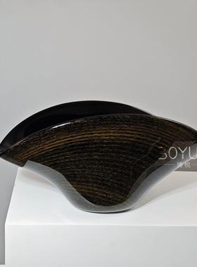 现代琉璃金箔条纹黑色果盘摆件家居样板房客厅餐厅家具展厅软装饰