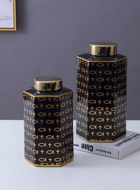 陶瓷六角瓶黑白格陶瓷罐储蓄罐现代简约陶瓷花瓶玄关家居办公摆件