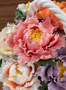 东方泥土《花开富贵》陶瓷手工牡丹花篮装饰品摆件办公室客厅桌面