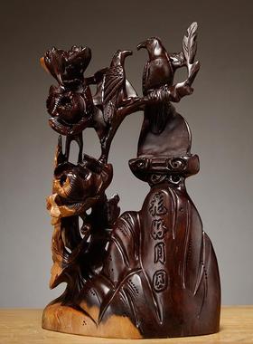 喜檀GG493黑木雕花好月圆件上眉梢喜鹊花鸟雕刻工艺品摆家居装饰