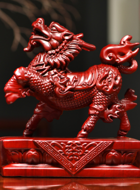 红花梨实木雕瑞兽麒麟一对摆件家居客厅玄关办公桌面摆设工艺礼品