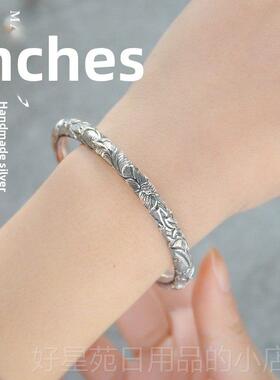 高档民族风99银纯手云莲南雪花工足银圆柱满雕花银镯个性女款纯银