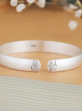 正品纯银手足女镯梅花999银复古实心开口族风民哑光简约年轻款送