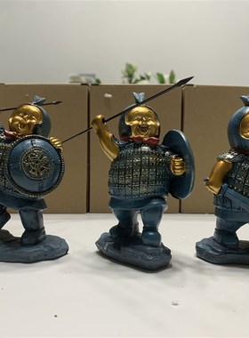 中式西安兵马俑q版胖将军摆件办公室桌面汽车摆件树脂铜泊工艺品