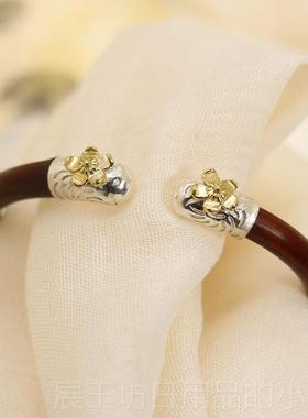 正品张爱玲同款 925色纯银覆古金铜花朵 鸡血藤古风镯手天藤纯记