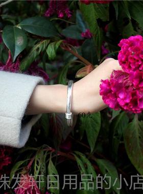 高档纯手工打磨手镯银999纯银女经典实银足心镯子光面圆条伸推缩