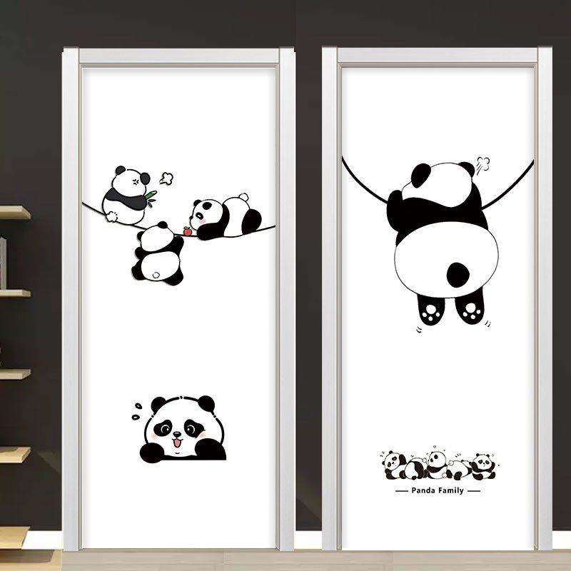 定制熊猫门贴纸自粘玻璃门水井电梯木门卧室门遮丑翻新创意门贴纸 - 图1