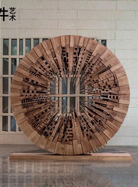酒店大堂落地倒影圆形木雕城市摆件售楼中心大堂大型雕塑艺术品