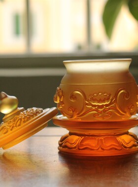 禅悦佛艺手工古法琉璃浮雕莲花圣水杯佛供用品水贡杯摆件佛前供具