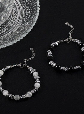 欧美拼接黑曜石男士手链女猫眼石手串转运珠手环小众设计高级感