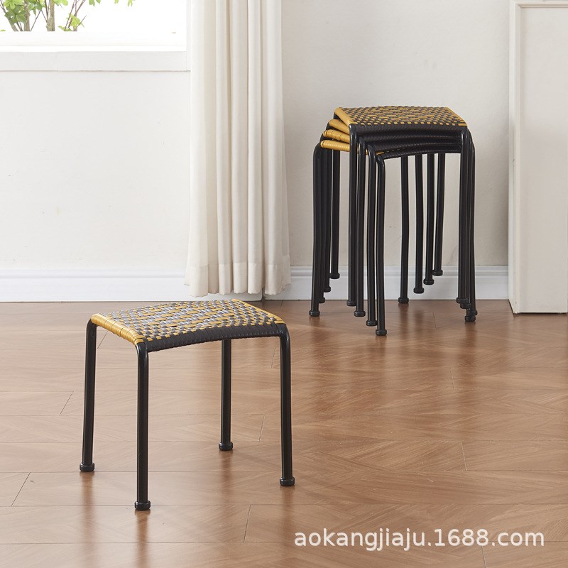 家用凳子藤编结实耐用客厅可叠放高板凳现代简约餐厅备用塑料方凳 - 图1