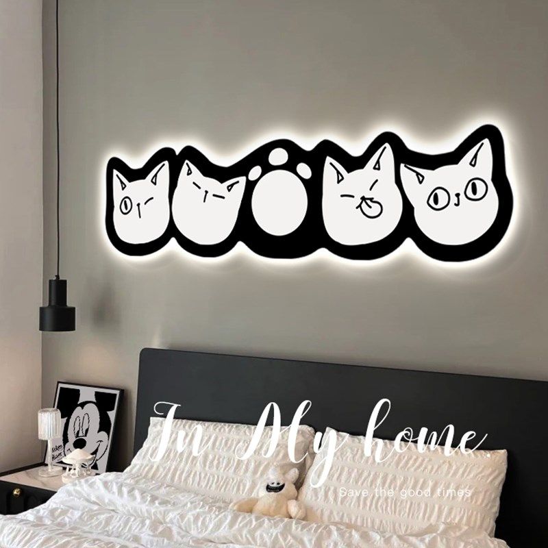 猫咪卧室床头装饰画壁灯客厅沙发背景墙挂画儿童房氛围感发光灯画,淘宝优惠券,粉丝福利购,淘宝优惠卷