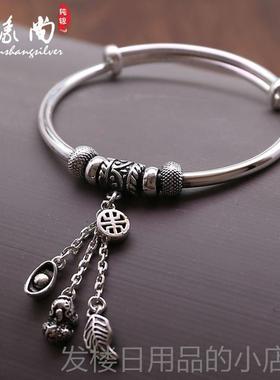 正品999足银镯覆9古纯银流苏款貔貅福手袋叶子女吊坠推拉银镯子女