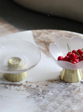 奢描莲边ZIE花语玻璃果盘果碟摆件轻新中式金金属高脚艺术花碗装