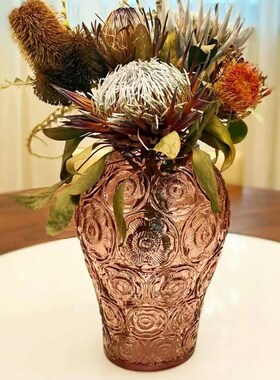 办公室客厅艺术水晶玻品摆件绿植插花器欧式高级感浮雕中古璃花瓶