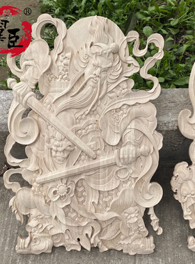 东阳木雕中式高端实木复古入户大门头仿古木质挂件门神镂空雕刻画