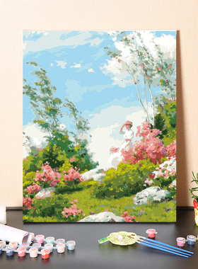 数字油画diy填充莫奈绿色花园手工填色春天春暖花开风景油彩画画