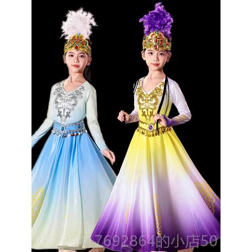 正品儿童新疆舞蹈演出服装维族吾尔手鼓舞大小小古丽女孩考民族艺 - 图2