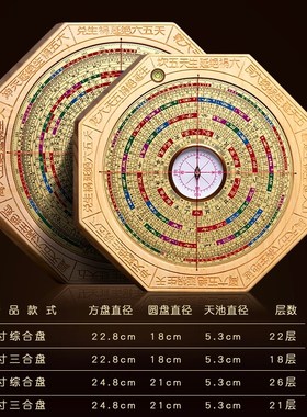 包精准高档八角罗盘高精度专业实木红木银杏木8寸9寸综合三合罗盘