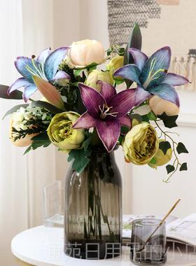 正品档3D百合厅花假花高客电视柜餐桌花瓶插饰花装品摆件油画复古