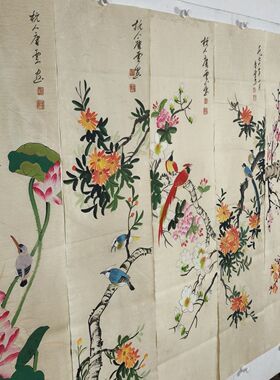唐云十二条屏花鸟纯手绘老画芯国画精品手绘收藏客厅字画证书防伪