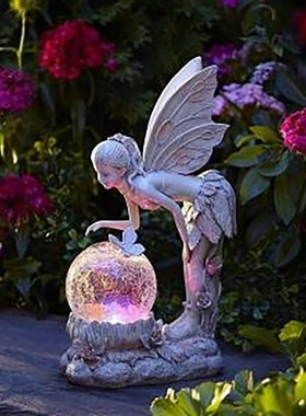 新款童话花仙子摆件花园水晶球女孩雕像太阳能灯装饰品树脂工艺品