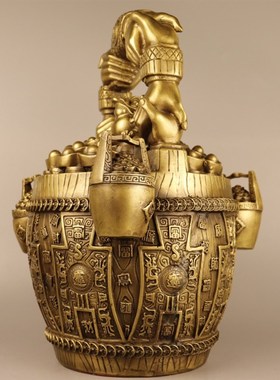 铜一桶金摆件大号铜金蟾金桶握手携手共赢中式桌面门厅办公室招财