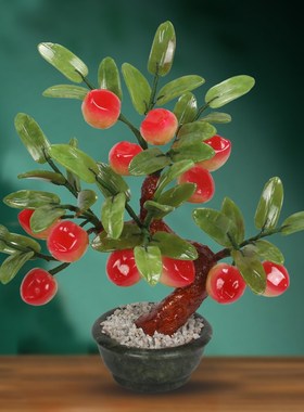 玉石仙桃寿桃树盆景祝寿蟠桃中式摆件装饰品植物客厅电视柜盆栽