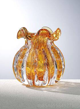 正品艺术琥色手工琉璃花创意福运钱袋子插珀花客厅玄关装瓶器饰品