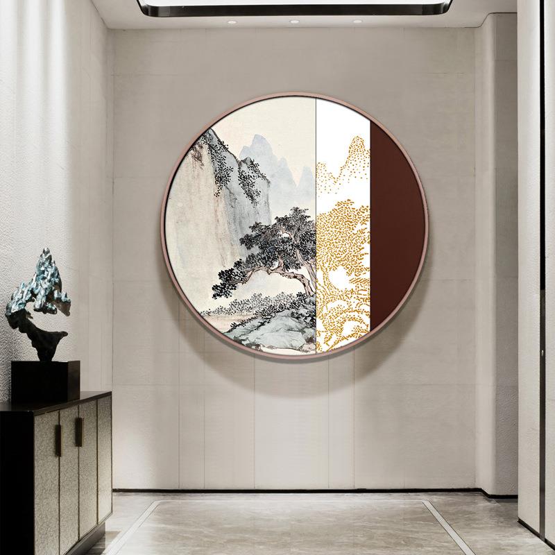 走新中式玄关装饰画圆形抽象山水画卧室79床头入挂画尽廊头壁画墙 - 图1