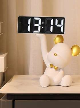 创意暴力熊摆件玄关托盘收纳客厅家用led智能电子时钟闹钟表台式