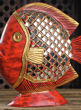 东南亚木雕工艺品泰国进口红色鲤鱼摆件客厅年年有余富贵软装饰品