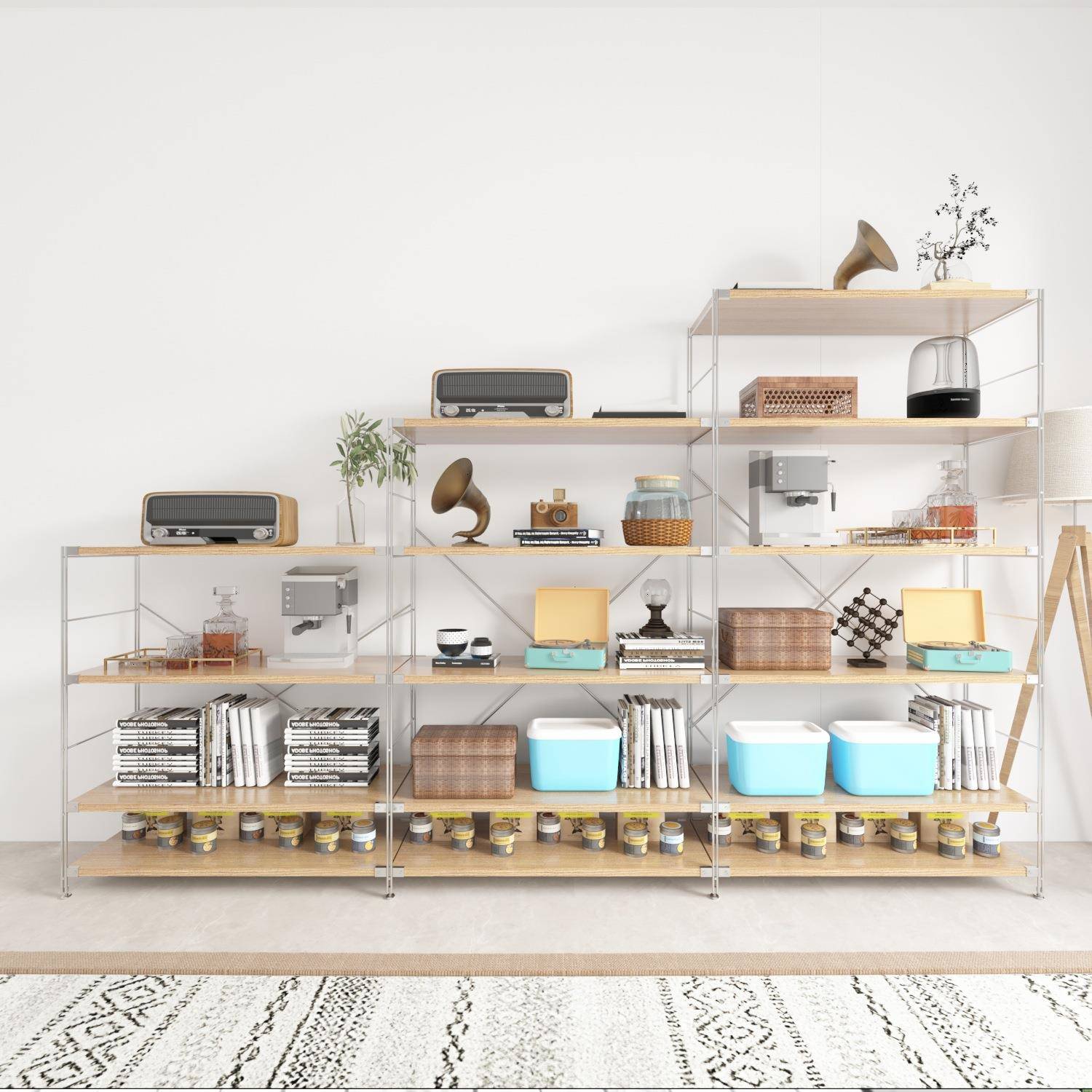 原木风置物架多层收纳不锈钢落地储物架家用多功能书架实木杂志柜 - 图0